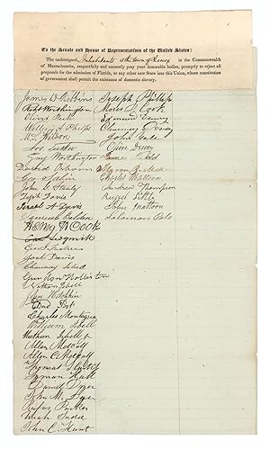 Partially printed petition, signed by inhabitants of Lenox, Mass., against the admission of Flori...