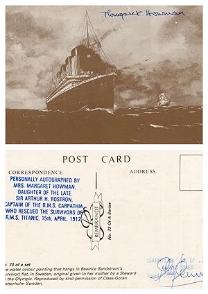 Margaret Howman of RMS Carpathia Titanic Ship Hand Signed Photo Postcard