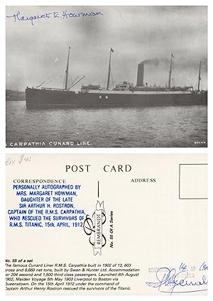 Margaret Howman of RMS Carpathia Titanic Ship Official Hand Signed Postcard