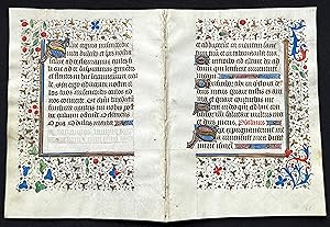 "Salve Regina" from a 15th Century Book of Hours. Bifolium Illuminated Manuscript Leaves with Bri...