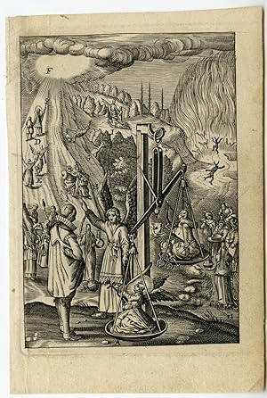 Antique Master Print-ANGEL-SCALES-WEIGHING-SINS-VIRTUE-Bolswert-1620-1649