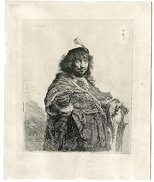 Antique Master Print-SELF-PORTRAIT-PLUMED-CAP-LOWERED-SABRE-Rembrandt-19th.c.