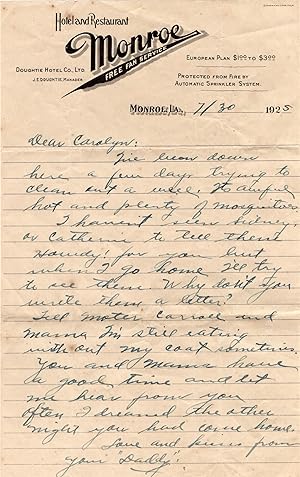 1925 Letterhead and Written Correspondence from Monroe Hotel and Restaurant in Louisiana, J.E. Do...