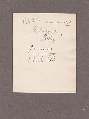 PICASSO, PABLO. ORIGINAL Line Drawing with Autograph Note Signed