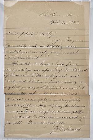 Autograph letter signed. A letter to the editor of "Author's Monthly" referencing three of his la...