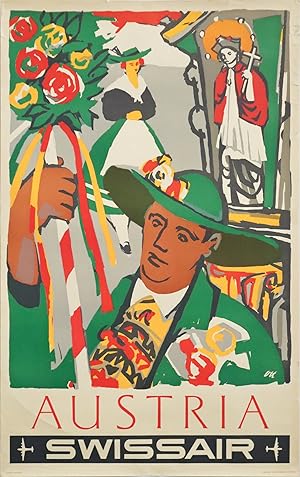 1951 Vintage Swiss Travel Poster, Swissair Austria (Henri Ott)