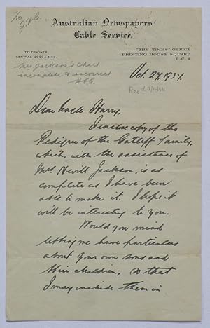 Autographed Letter from Guy Innes to His Uncle, John Henry Gatliff. 1934