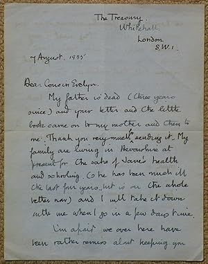Autographed Letter Signed By Herbert Gatliff to His Cousin Evelyn Gatliff in Australia. 1935.