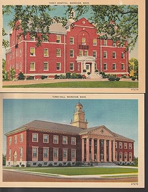 Wareham, MA Town Hall and Tobey Hospital circa 1935 x2 Linen Postcards