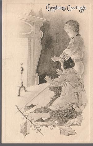 Christmas Greetings Sketch 1909 Children at Fireplace, Vintage Postcard