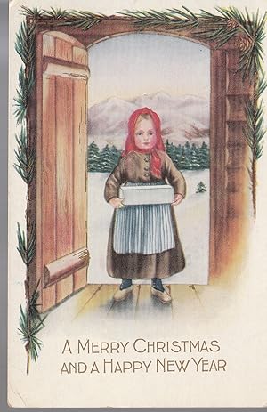 Christmas Greeting Old World Girl, Art Postcard 1918