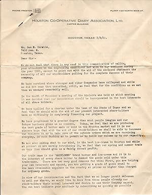 1922 Letter from Houston Co-operative Dairy Association, Ltd to Stockholders