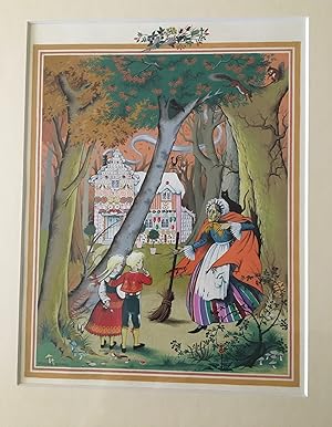 WATER COLOUR PAINTING OF HANSEL AND GRETEL. Illustration for Grimm's Fairy Tales.