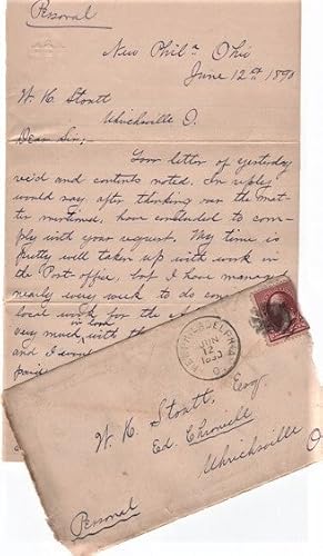 1890 HANDWRITTEN LETTER (ALS) TO W.H. STOUTT, EDITOR OF THE UHRICHSVILLE, OHIO "CHRONICLE."