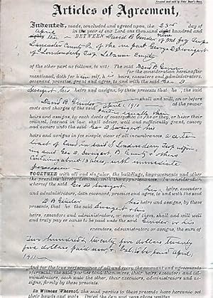 1910 HANDWRITTEN AGREEMENT BETWEEN DAVID B. GINDER OF MOUNT JOY TOWNSHIP, LANCASTER COUNTY, AND G...