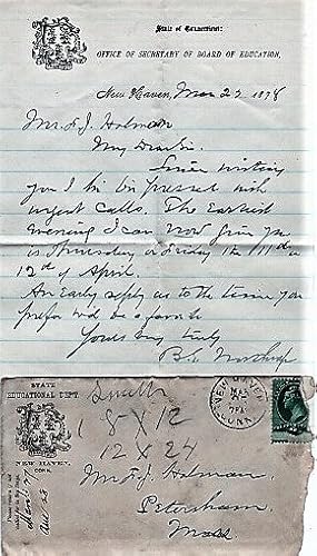 1878 HANDWRITTEN LETTER ON STATIONERY OF THE CONNECTICUT SECRETARY OF THE BOARD OF EDUCATION, NEW...