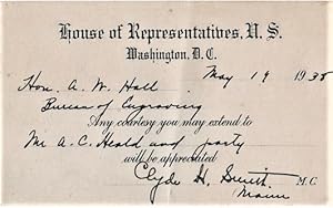 U.S. HOUSE OF REPRESENTATIVES PRINTED CARD, ACCOMPLISHED BY HAND, ASKING THAT THE BUREAU OF ENGRA...