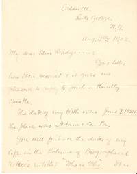 HANDWRITTEN LETTER (ALS) DATED AT CALDWELL, LAKE GEORGE, N.Y., AUG. 11th, 1902, to MISS BRIDGMAN