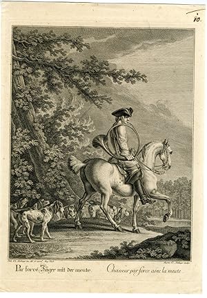 Antique Master Print-HUNTSMAN ON HORSEBACK-HOUNDS-HUNTER HORN-Ridinger-1698-1767