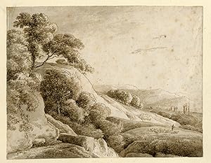 Antique Drawing-HILLY-LANDSCAPE-WOODS-SHEPHERD-Kobell-c. 1795