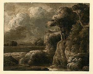 Antique Drawing-ITALIANATE-LANDSCAPE-RUINS-WOODS-FIGURE-Kobell-c. 1795
