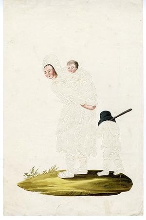 Rare-Antique Drawing-PIN-PRICKED-WATERCOLOR-WOMAN WITH CHILD-Anonymous-c.1800