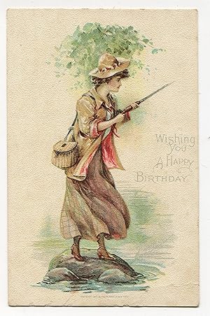 Postcard Illustration of a Woman Fly Fishing in a River, 1907