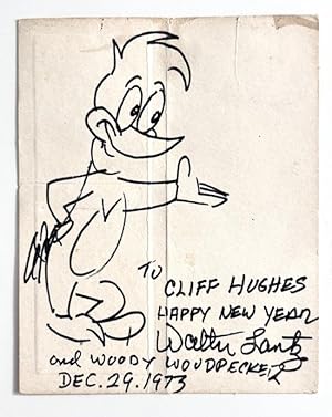 Small ink sketch of Woody Woodpecker, created, signed and inscribed by cartoonist Walter Lantz