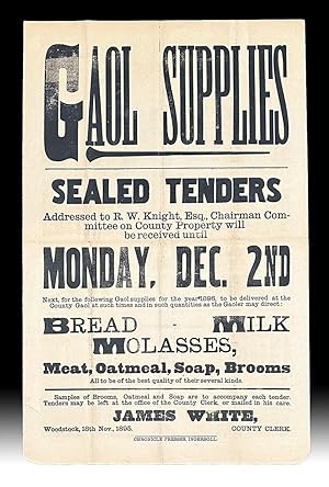 [Woodstock Jail] 1895 Printed Broadside Requesting Tenders for Gaol Supplies