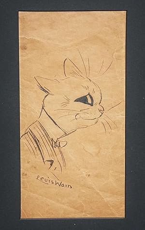 LOUIS WAIN ~ ORIGINAL PEN & INK DRAWING OF A PLAYFUL CAT WITH A MISCHIEVOUS GRIN