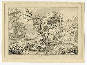 Rare-Antique Master Print-LANDSCAPE-FISHING-WATERFALL-ETCHING-Engelberts-c.1770