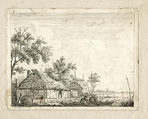 Antique Master Print-FARMHOUSE-LAKE-FISHERMAN-ETCHING-Schwegman-1786