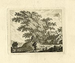 Antique Master Print-LANDSCAPE-WAYFARER-FARM-ETCHING-Van Cuylenburgh-c.1800-1850