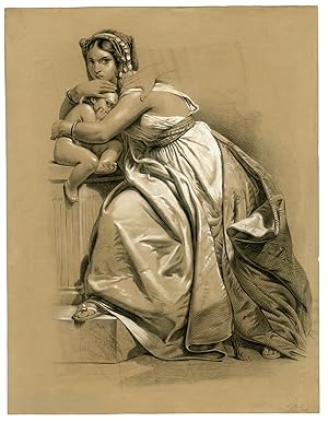 Antique Drawing-SCARED MOTHER-CHILD-Chantal-Pujol-1844