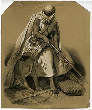 Antique Drawing-ORIENTALIST-ARAB RIFLE MAN-Chantal-Vernet-1852