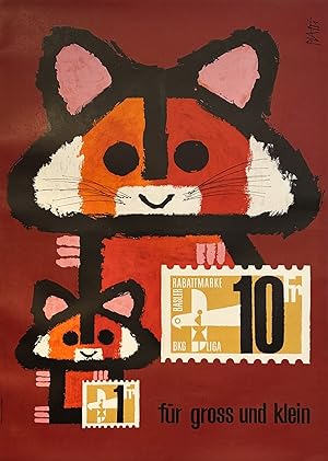 1964 Vintage Swiss Postal Service Poster, Basler Rabattmarke by Piatti (Cat and Kitten) Linen Backed