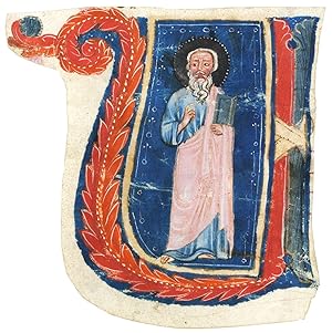 Historiated initial U of a standing Saint, cut to shape from a choirbook