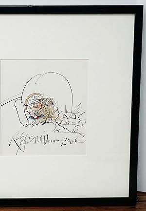 RALPH STEADMAN -ORIGINAL WHIMSICAL INK DRAWING OF A CAT -24″ x 17.5″ FRAMED