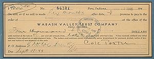 Cole Porter Signed Check. Printed and manuscript D.S., oblong 8vo, Peru, Indiana, March 18, 1944,...