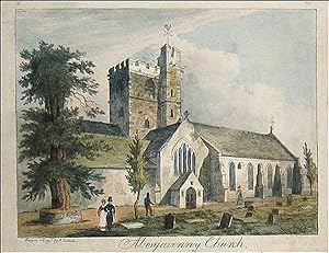 Abergavenny Church. Original hand coloured aquatint etching