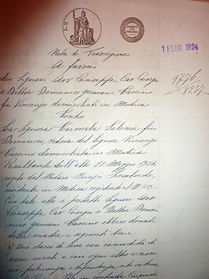 " Regno d'italia - Ufficio Ipotecario di Siracusa - Nota di Trascrizione 18 Luglio 1924"
