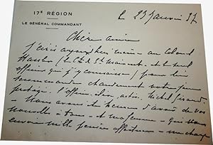 Carte autographe du Général Ménard écrite recto/verso signée de 1937- recommandation pour un élèv...