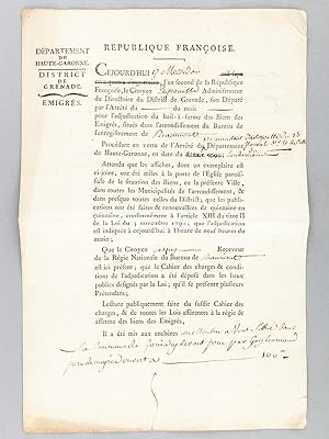 Adjudication du bail-à-ferme des Biens des Emigrés : vente aux enchères le 17 messidor 1793, an s...