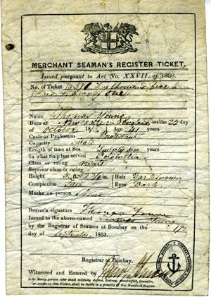 Merchant Seaman's Register Ticket, September 17, 1853 for Thomas Young, mate