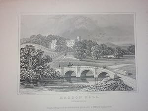 Original Antique Engraving Illustrating Haddon Hall in Derbyshire .