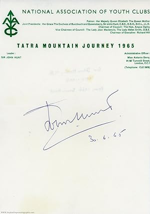 Signature 'John Hunt' and date on headed paper (John, Lord, 1910-1998, Leader of the First Succes...
