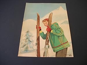 Un Garçon ou une Fille souriant avec des skis à la main sur fond de montagnes. Gouache Originale ...