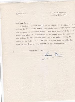 Typed letter signed, to Whit Burnett, Erlenbach-Zurich, Oct. 24, 1953. One page