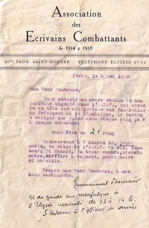 Lettre tapuscrit autographe signée à entête de L'association des Écrivains Combattants de 1914 à ...