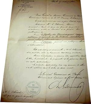 Lettre Autographe Signée LADMIRAULT GENERAL à entête du GOUVERNEUR DE PARIS - COMMANDANT LA 1ERE ...